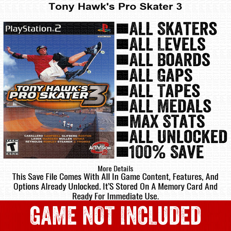 Tony Hawk's Pro Skater 3 100% All Items PS2 Memory Card CHEATS