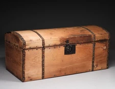 C.1850 New England Scrubbed Pine Dome Top Studded Document Valuables Trunk