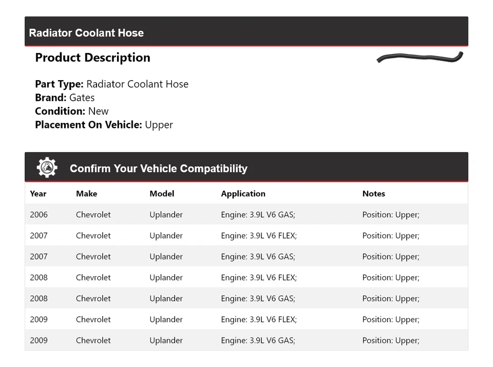 For 2006-2009 Chevrolet Uplander Radiator Coolant Hose Upper Gates 2007 2008 - Image 2 of 4