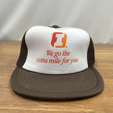 VTG Trucker Hat Snapback 1990s Brown Flat Bill I Logo Retro Look Mesh NWOT
