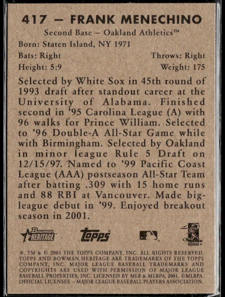2001 Bowman Heritage #417 Frank Menechino RC - Image 2 of 2