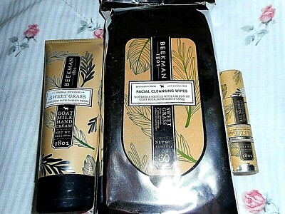3 Beekman 1802 Goat Milk 3.4 oz SWEET GRASS HAND CREAM + LIP BALM + 30 WIPES NIP