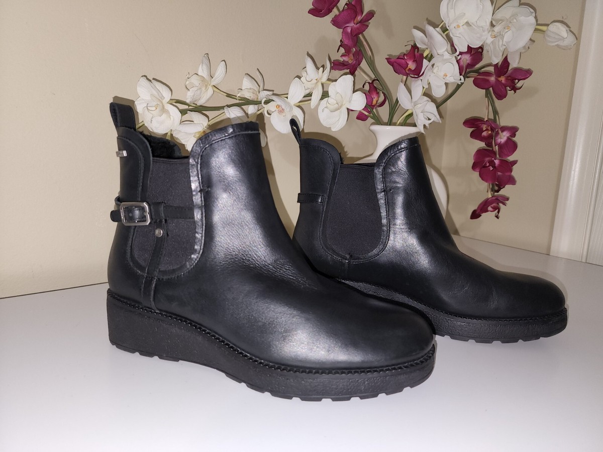 Rockport Winter Waterproof Chelsea Platform Boots Black Leather Fur Lined 