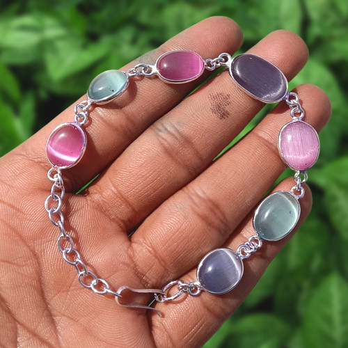Wonderful Monalisha Gemstone Chain Bracelet 925 Silver Plated Handmade Jewelry - Bild 1 von 6