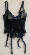 Vintage Jezebel Lace Mesh Black Bustier W/Blue Ribbons  Garters Sz 30" Chest