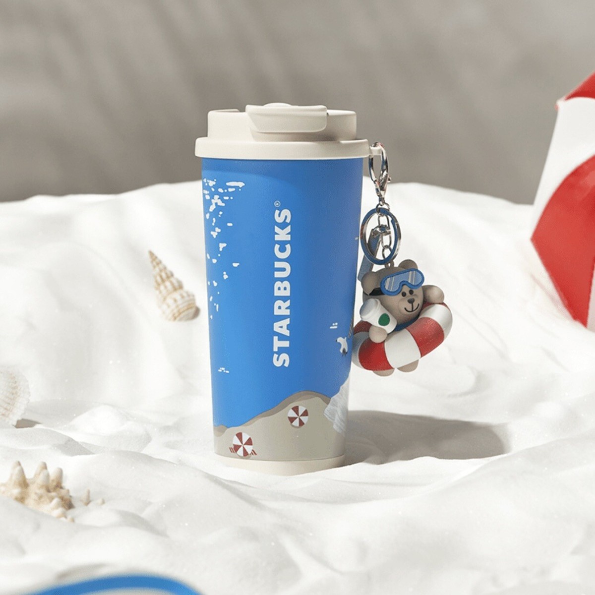 Starbucks 2024 China Summer Seaside Bear Keychain 16oz SS Tumbler