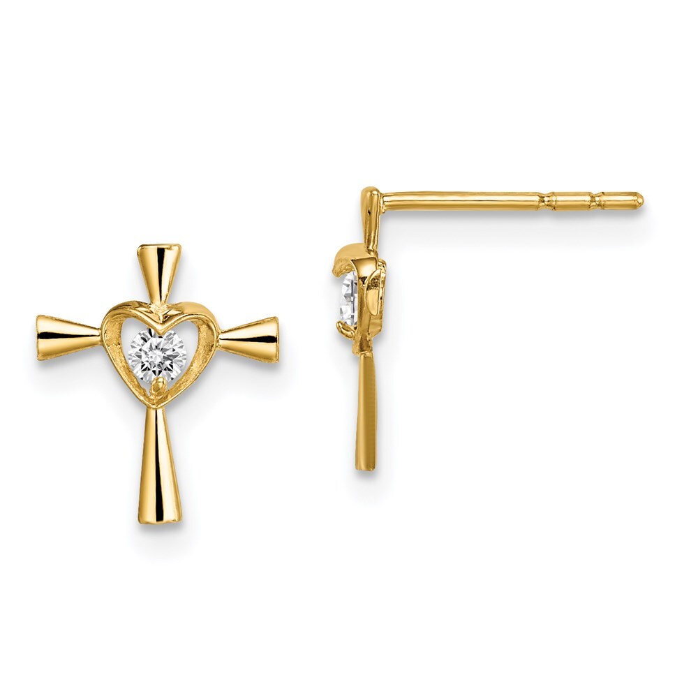 Madi K Kids Earrings 14K Yellow Gold CZ Cross with Heart Post Button 31790₽