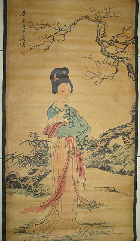 中国古美術・字画三尺仕女人物掛軸・水彩画・唐寅印款・書道品・絹本・仕女画・肉筆 中国古美術・字画三尺仕女人物掛軸・水彩画・唐寅印款・書道品