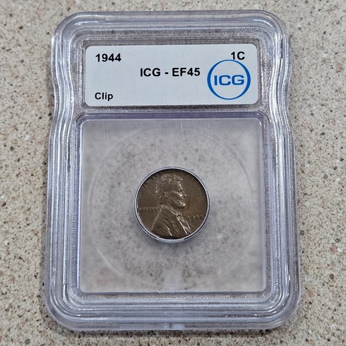 1944 1C Lincoln Wheat Penny 1 Cent Coin Mint Error Clipped ICG Graded At EF 45 - Picture 1 of 11