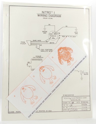 PEAVEY NITRO 1 Vtg 1986 GUITAR WIRING DIAGRAM SCHEMATIC Original Part 81530135