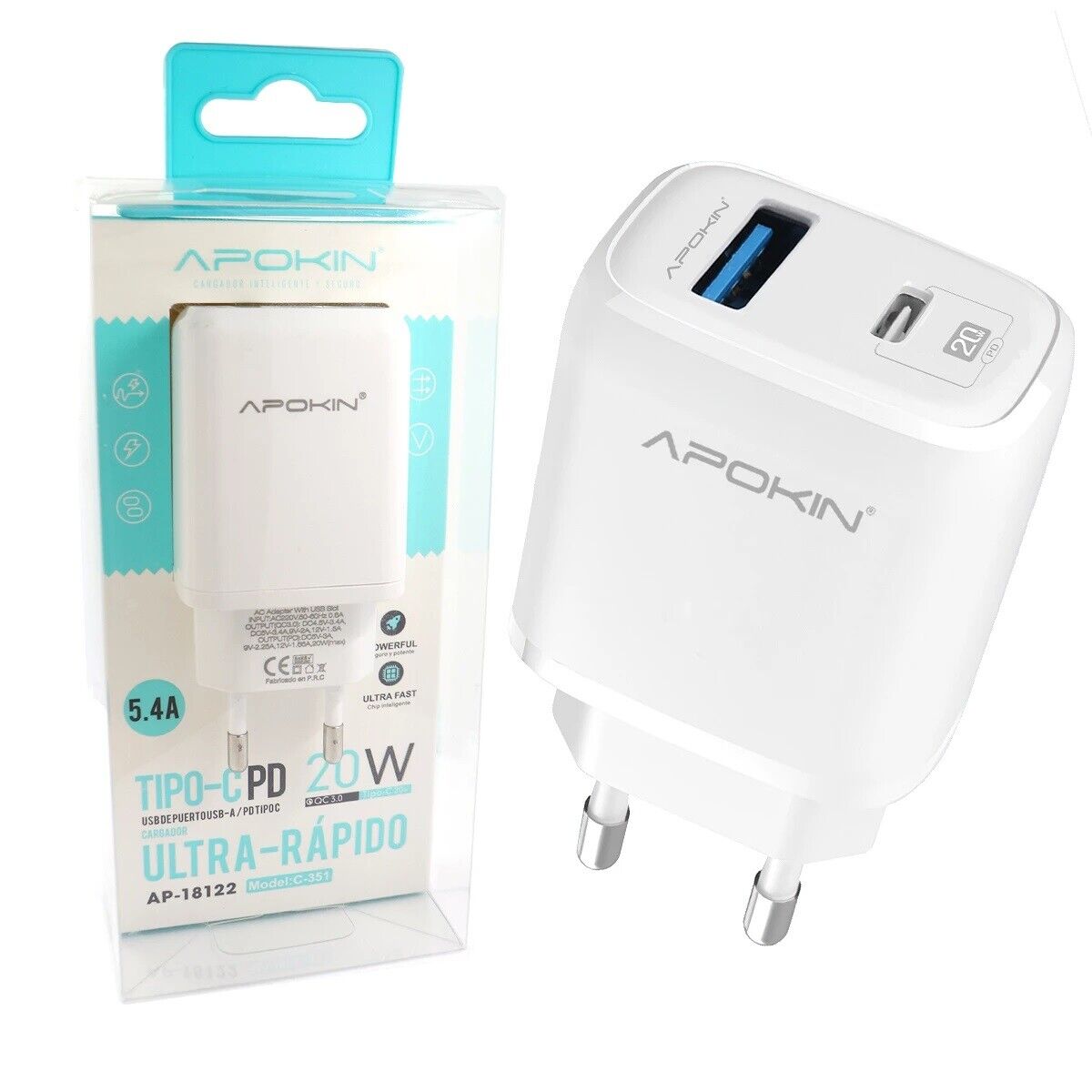 CARGADOR RAPIDO 20W PD TIPO C + USB 3.1 5.2A SIN CABLE...