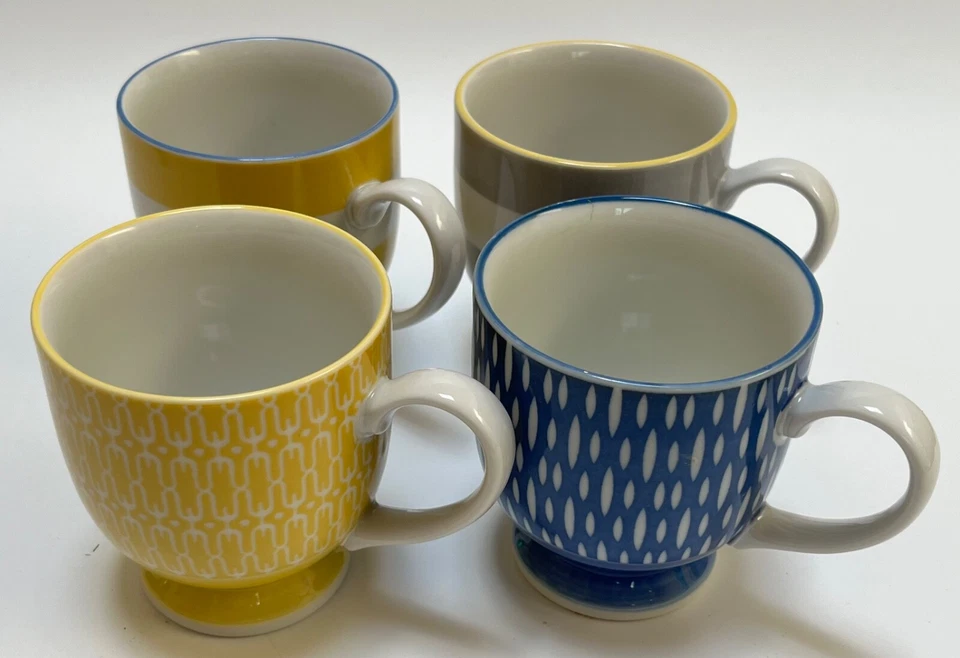 Set of 4 ~ WEST ELM Footed 10 Oz Mugs Coffee Tea JAPAN - Blue Yellow Gray - Image 3 of 4