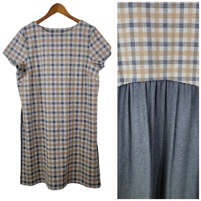 J Jill Knit Sheath Shirt Dress size Large casual career Plaid Check Gray Tan