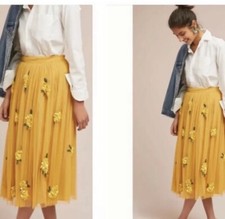 188 Anthropologie RARE Tulle Mesh Beaded Sequin Yellow Skirt 12 Flawless Maeve