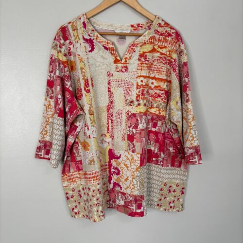 CJ Banks Top 3X Pink Beige Orange 3/4 Sleeve Stretch Cotton Shirt Women's