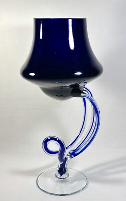 Krosno Makora Jellyfish Cobalt Blue Art Glass Centerpiece Candle Holder or Vase