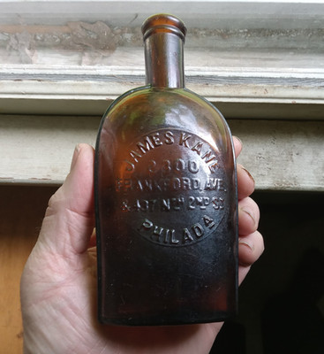 RARE AMBER JAMES KANE PHILADA 1880 STRAP SIDE 1/2 PINT WHISKEY FLASK