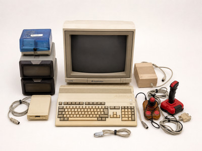 Amiga 500 mit Monitor, Speicherweiterung und vielen Spielen