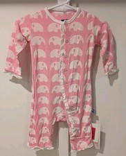 KicKee Pants Ruffle Pink White Elephant Romper Footless Size 3-6 Months NWT