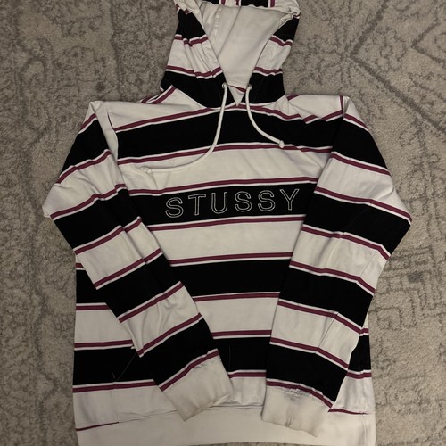 Stüssy, Stüssy Jersey Striped Hoodie Black White Pink Magenta M 2017 Vintage Street