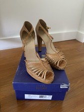 Stuart Weitzman Tan Crocodile Strappy Buckle Block Heel Peep Toe Leather Shoes 8