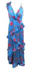 BCBG MAXAZRIA Blue Floral Frill Maxi Satin Evening Dress US 6 UK 10 BNWT $398