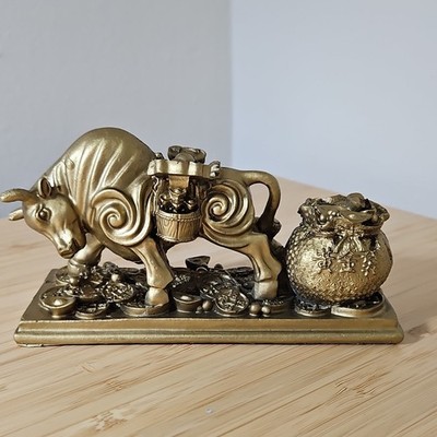 Gold Metallic Resin Bull Figurine w/ Coin Base & Money Bag, 6 in Free Standing