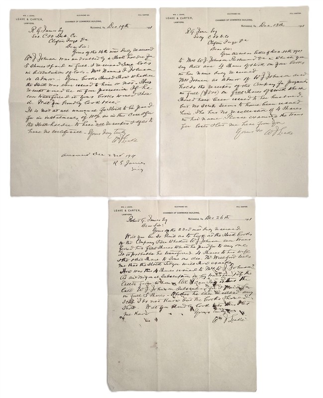 1901 antique LEAKE & CARTER richmond va LAWYER LETTERHEAD Wm J LEAKE csa ESTATE