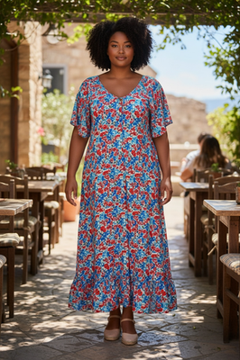 blue and red poppy dress Cap Sleeve Poppy Floral Print Dress in Navy Blue/Red main image 0