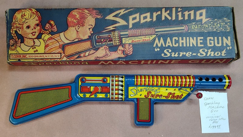 Vintage SURE-SHOT SPARKLING MACHINE GUN + Original Color Litho Box Gun Near Mint