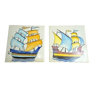 Pair of Vintage White, Blue & Yellow Galleon Ship Hand Painted Ceramic Tiles 6''