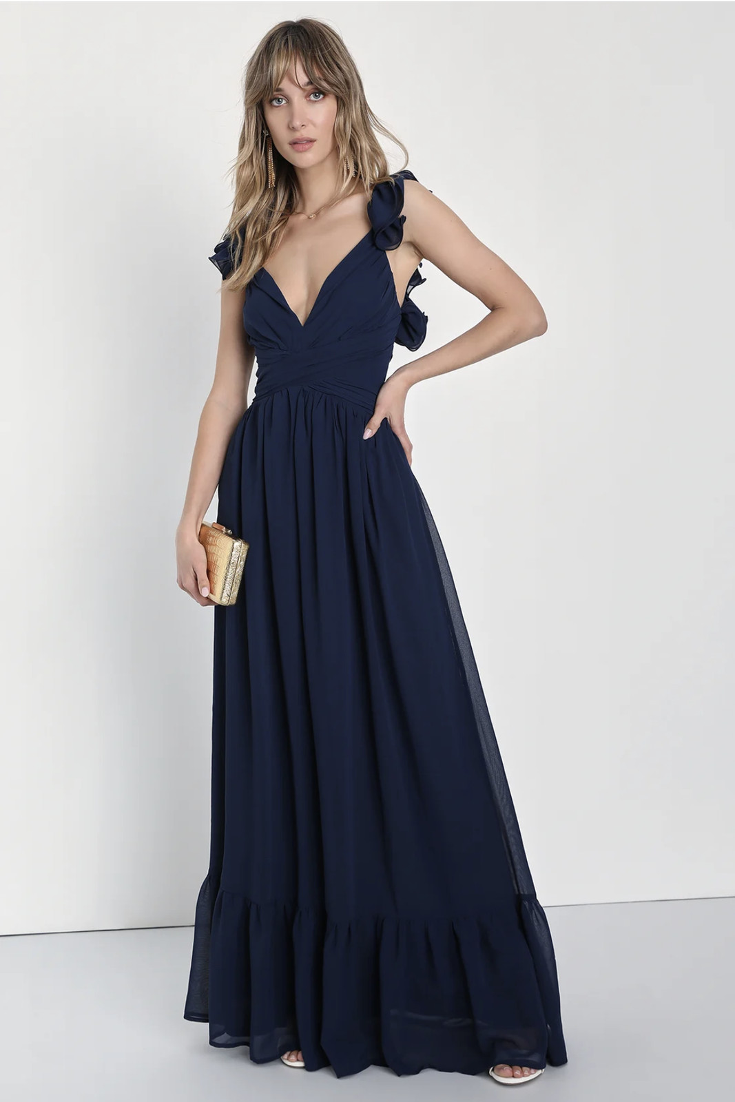 Lulus Women Soiree Celebration Navy Blue Ruffled Lace-Up Maxi Dress M