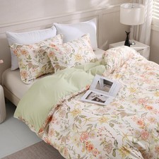 Queen Floral 3 Pcs Duvet Cover Set, Breathable Soft Microfiber Glass Green