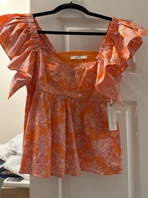 Olivaceous Women's Orange/White Floral Ruffle Flutter Sleeve Blouse Size M