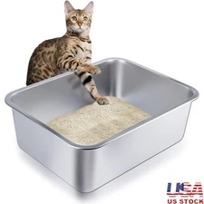 Stainless Steel High Sided Cat Litter Box Non Stick Easy Clean Odor Resistant US