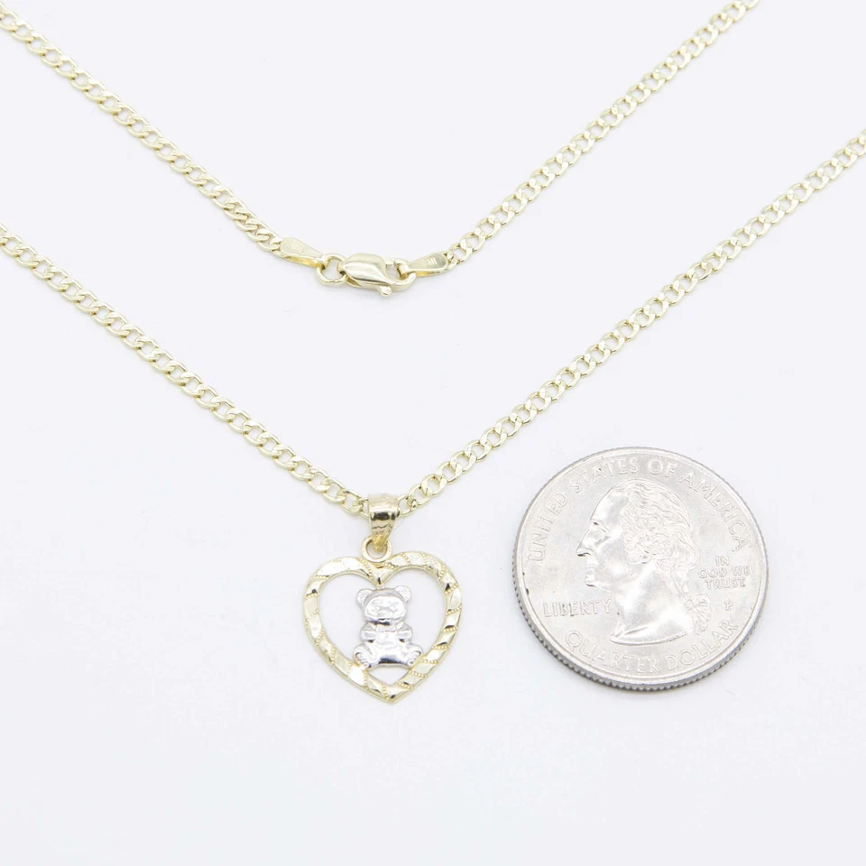 3/4" Teddy Bear in Heart Pendant Necklace Real 10K Yellow White Gold - Image 3 of 4
