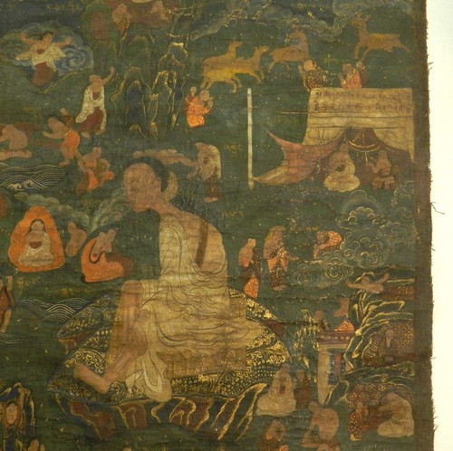 ANTIQUE 19th c TIBETAN THANGKA PAINTING -- LIFE OF MILAREPA 21X30" - Picture 6 of 11