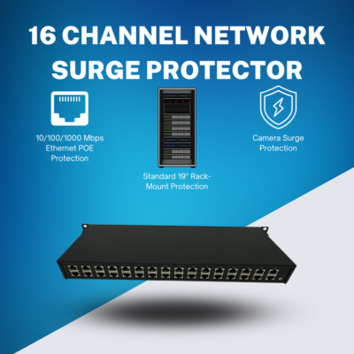 16 Channel Network Surge Protector. 10/100/1000Mbps connectivity. 1RU Rack Mount