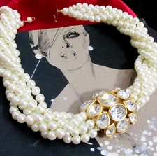 VTG RUNWAY DECO MULTISTRAND TRIFARI tm FAUX PEARL CRYSTAL NECKLACE GP TORSADE