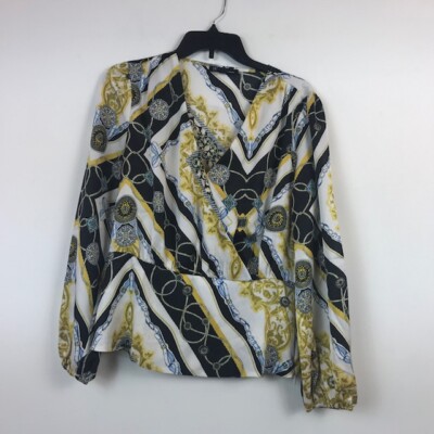 INC Womens M White Black Medallion Chain Print Split Neck Long Sleeve Top RETAG