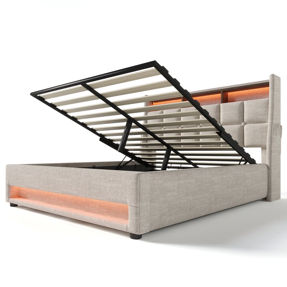 Cama Plataforma Tapizada Completa/Queen con Sistema de Almacenamiento Hidráulico, Carga LED USB Foto 3 de 4