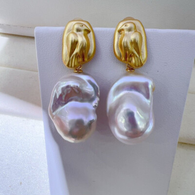 elegant  pair of 15-16mm south sea baroque white pearl earring 925s(tim)