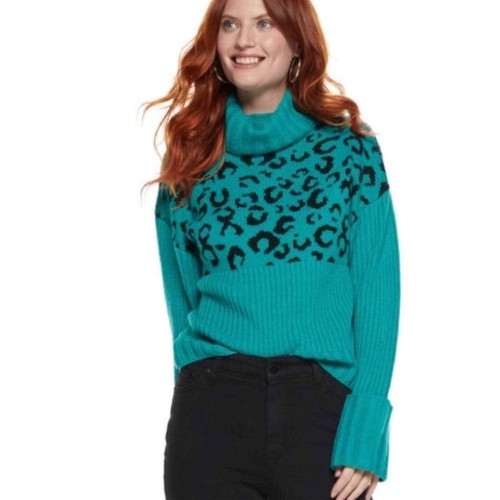 Nine West Teal Rib Turtleneck Animal 