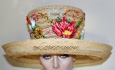 vintage woven floral straw oversize high hat