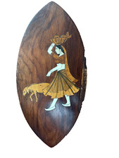 VINTAGE MARQUETRY WOOD INLAY INDIA WOMAN WITH BASKET DOGS WALL HANGING ARTWORK