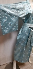 Vintage Blue Satin Floral Jacquard Long Kimono with Belt - Made in Japan
