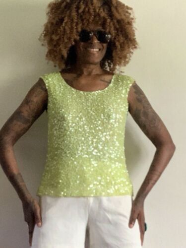FRANK USHER SILK SHORT SLEEVES LIME GREEN SEQUINS TOP BLOUSE SHIRT SIZE:18 - Picture 18 of 24