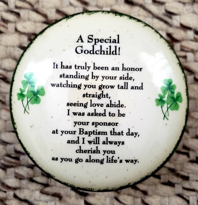 Vintage Round IRISH KEEPSAKE DISH w/LID SHAMROCK ''A Special Godchild''  