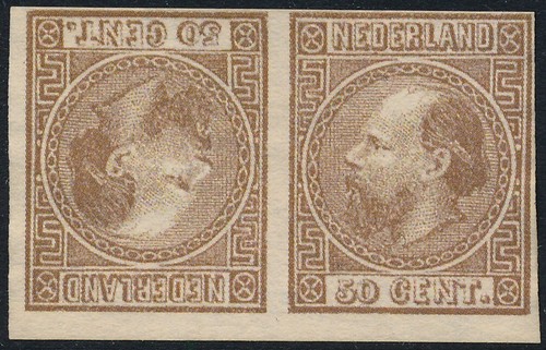 NETHERLANDS 1867, King William III, 50c, IMPERF. TETE BECHE FORGERY PAIR. #A537