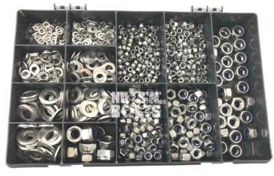 1285 SORTIERTES STÜCK A2 EDELSTAHL M4 M5 M6 M8 M10 M12 NYLOC MUTTERN FLACHSCHEIBEN SET